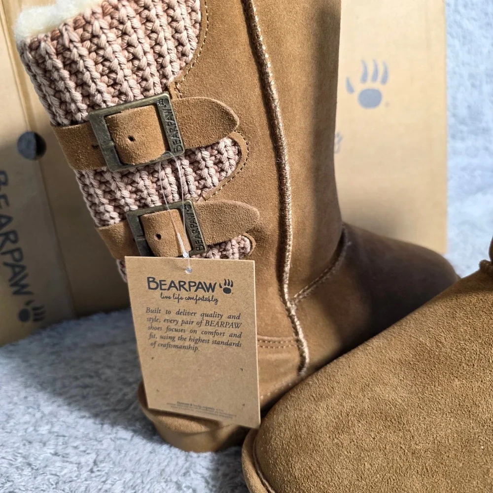 Bearpaw Boshie Suede Mid Calf Snow Boots Sheepskin Lined Winter Booties Sz 8 NEW